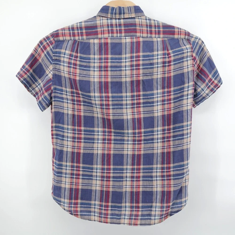 J. Crew Linen Blend Short Sleeve Button Down Shirt Blue Plaid Slim Fit Mens L - Picture 3 of 8